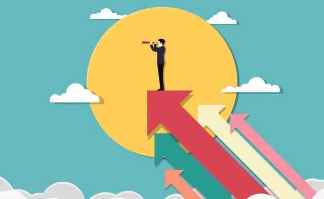 Business vision and target. Businessman holding telescope standing on arrow up go to success in career. Concept business, Achievement, Character, Leader, Vector illustration flat